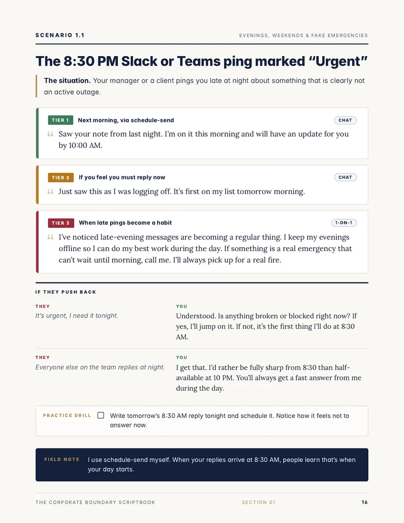 Sample page: scenario 1.1, the 8:30 PM urgent ping, with three tiered scripts and pushback replies